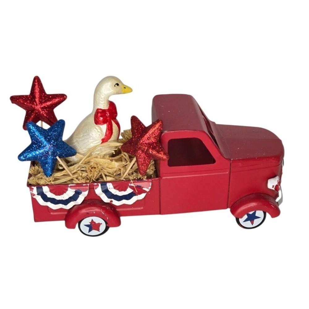Americana Patriotic Red Rustic Metal Truck Country Goose Stars July 4th Decor